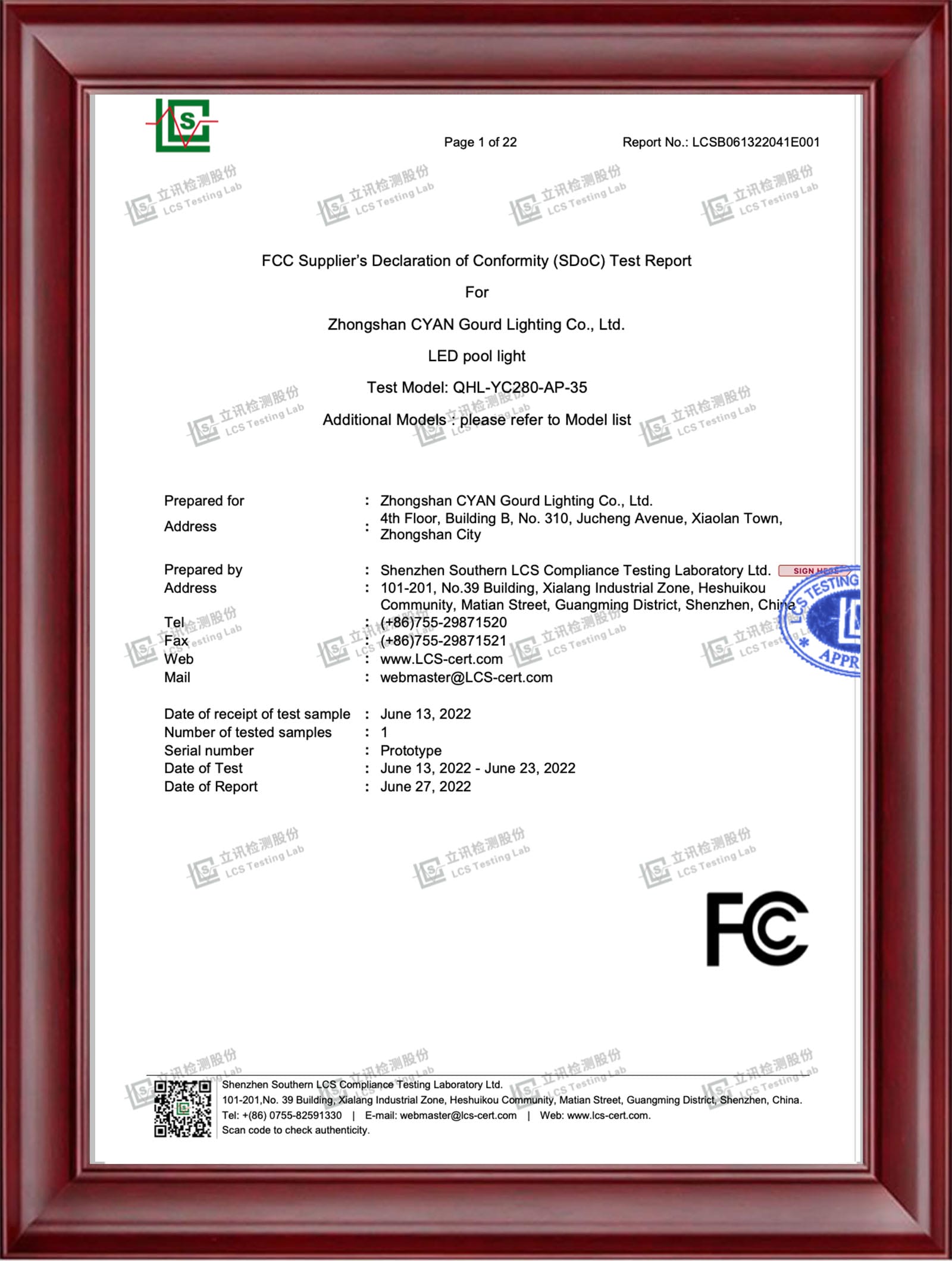 FCC Certificate